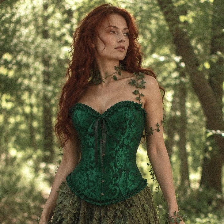 A woman with long red hair stands in a sunlit forest wearing a fitted dark green lace corset top with a sweetheart neckline, ruffled trim, and a central bow, paired with a textured green skirt. Ivy vines are wrapped around her shoulders and upper arm.